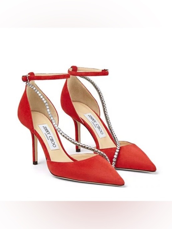 Jimmy Choo Shoes - Jimmy Choo Red Suede Crystal-Trim Ankle Strap Pumps, Size 40.